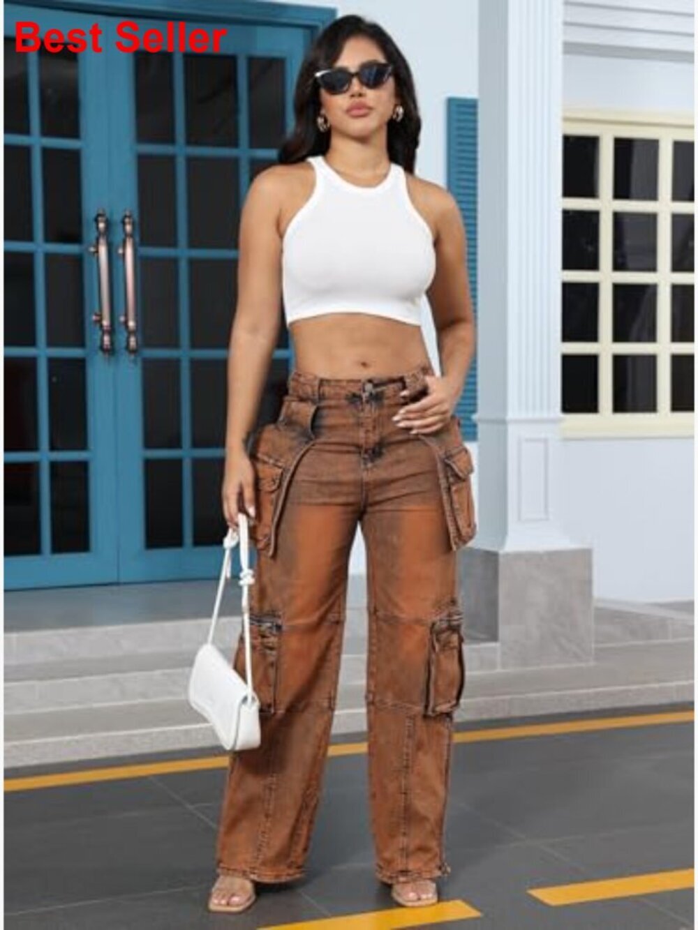 Polyester and Spandex Blend Cargo Pants with Side Zipper and Pockets - Picture 5 of 7